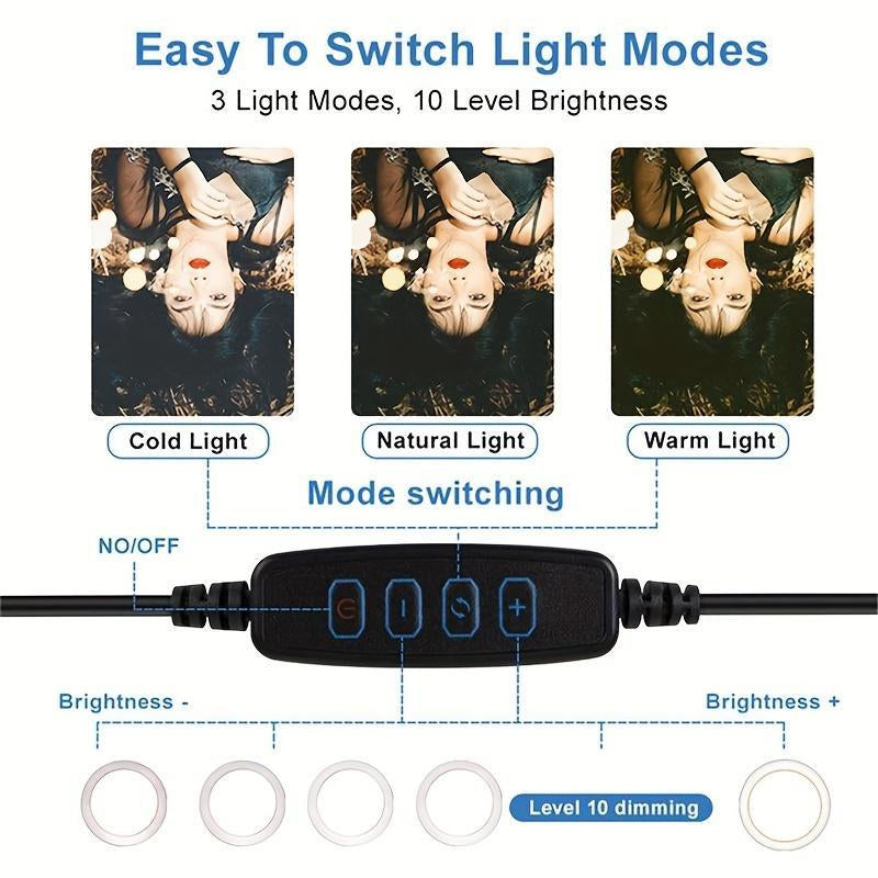 10 Inch Selfie Light Stand, USB Powered Adjustable Phone Selfie Light Stand, 3 Light Mode Phone Selfie Stand for Home Office