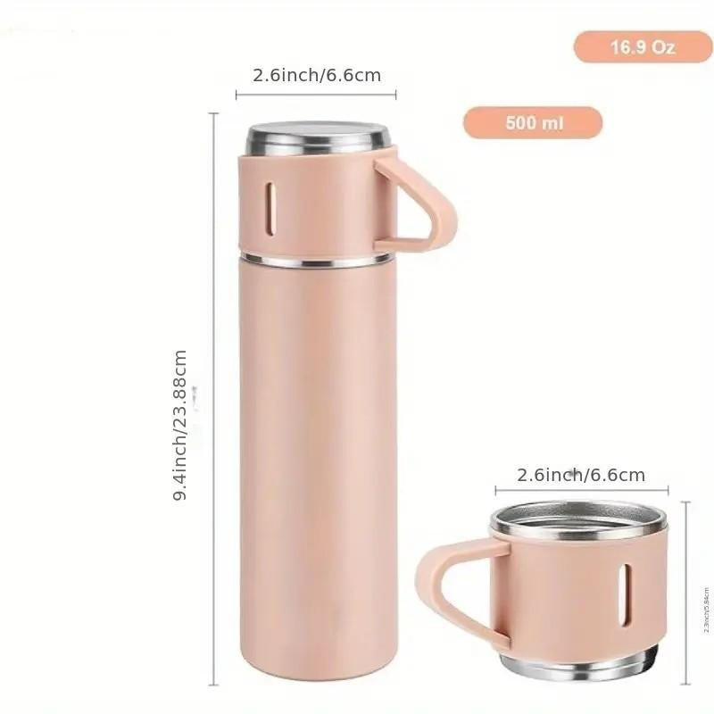1Set Thermal Mug 500Ml/16.9Oz, Stainless Steel Vacuum Insulated Bottle with Cup for Coffee Hot Drink and Cold Drink, Water Flask Back to School