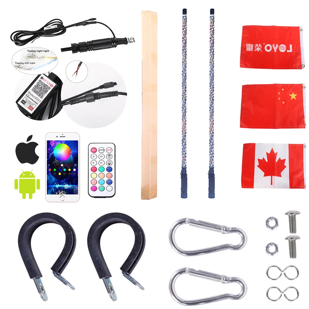 RGB 360 Degree Spiral Chasing LED Flag Whip Light IP67 Bluetooth for ATV UTV Antennas Black 12-24V with 50000 Hours Lifespan