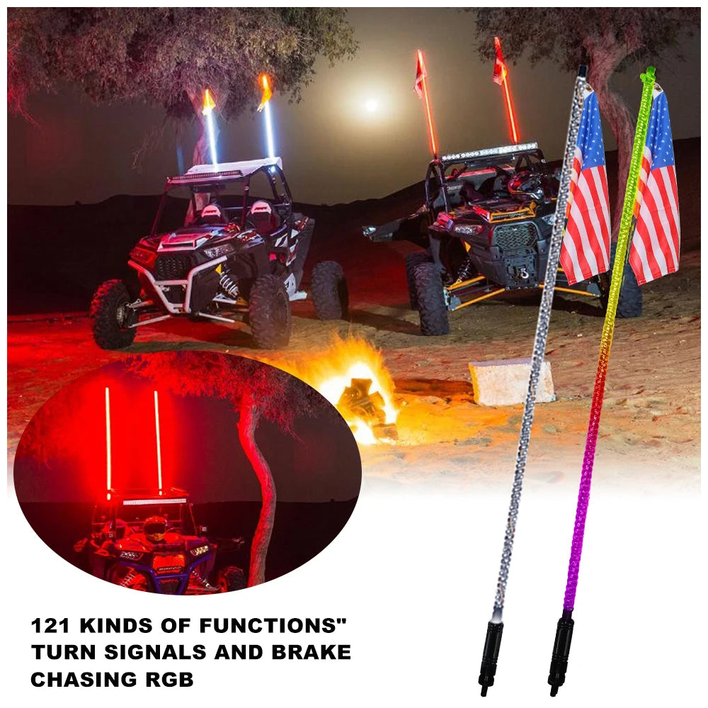 RGB 360 Degree Spiral Chasing LED Flag Whip Light IP67 Bluetooth for ATV UTV Antennas Black 12-24V with 50000 Hours Lifespan