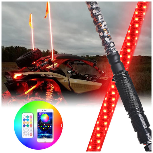 RGB 360 Degree Spiral Chasing LED Flag Whip Light IP67 Bluetooth for ATV UTV Antennas Black 12-24V with 50000 Hours Lifespan