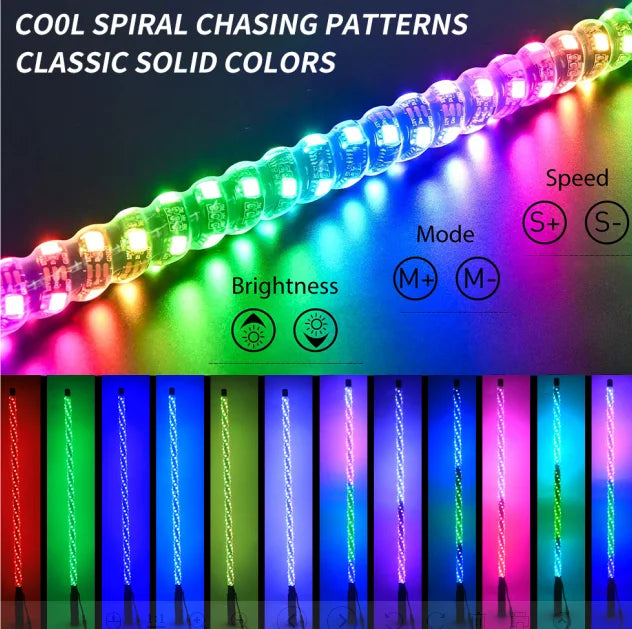 RGB 360 Degree Spiral Chasing LED Flag Whip Light IP67 Bluetooth for ATV UTV Antennas Black 12-24V with 50000 Hours Lifespan