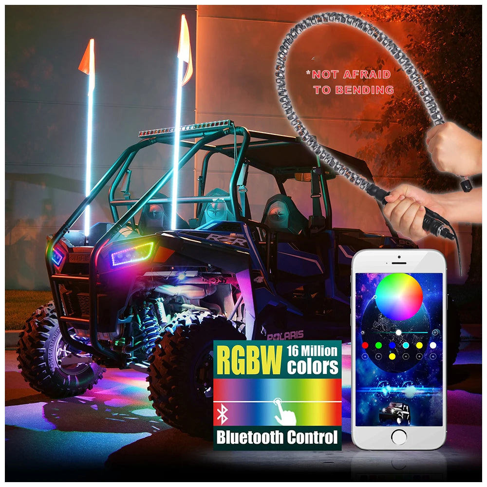 RGB 360 Degree Spiral Chasing LED Flag Whip Light IP67 Bluetooth for ATV UTV Antennas Black 12-24V with 50000 Hours Lifespan