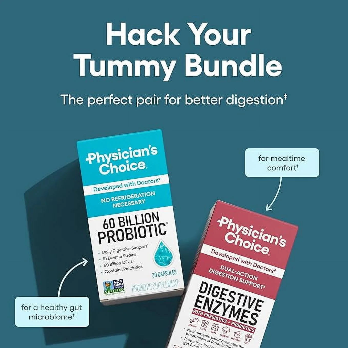 Physician'S Choice Gut Health Bundle: 60B Probiotic 30Ct + Digestive Enzymes 60Ct for Gut Health