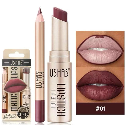 Waterproof 2-In-1 Lipstick Set with Lip Liner - Long Lasting Korean Cosmetics, Matte Lipstick Makeup for Women