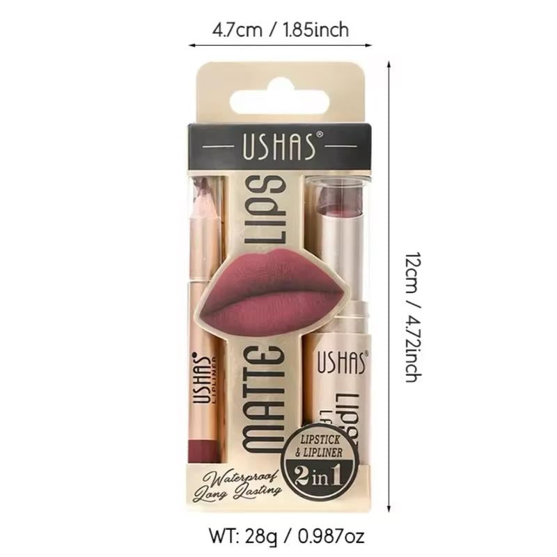 Waterproof 2-In-1 Lipstick Set with Lip Liner - Long Lasting Korean Cosmetics, Matte Lipstick Makeup for Women