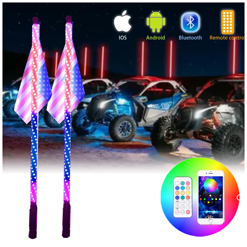 RGB 360 Degree Spiral Chasing LED Flag Whip Light IP67 Bluetooth for ATV UTV Antennas Black 12-24V with 50000 Hours Lifespan