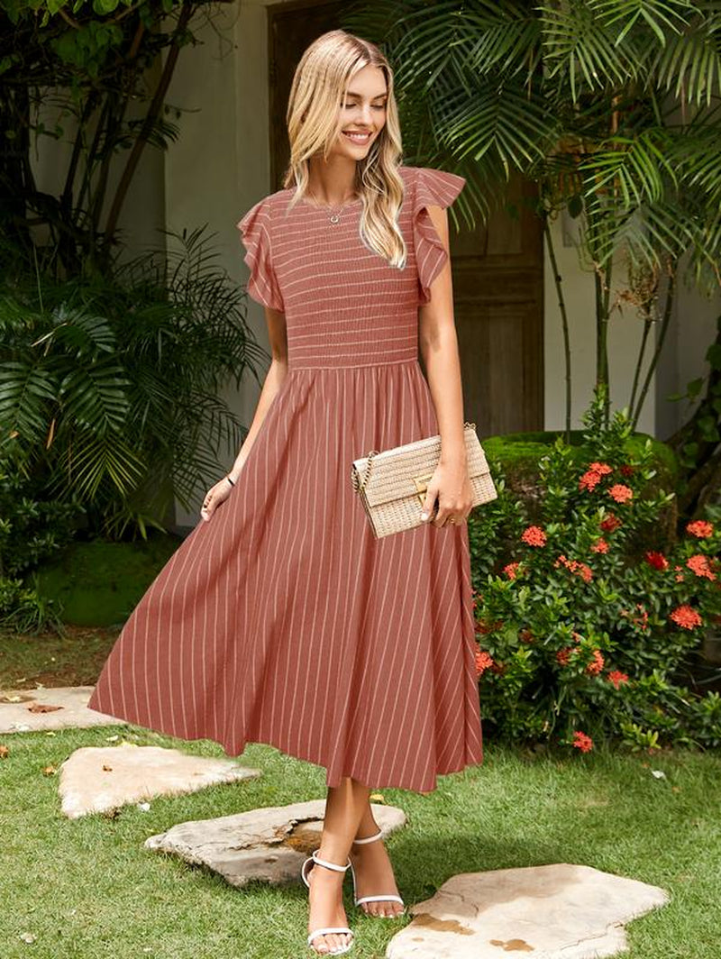 Glamaker Womens Striped Midi Summer Dress Smocked Flutter Short Sleeve Dress 2025 Flowy Casual Dress with Pockets