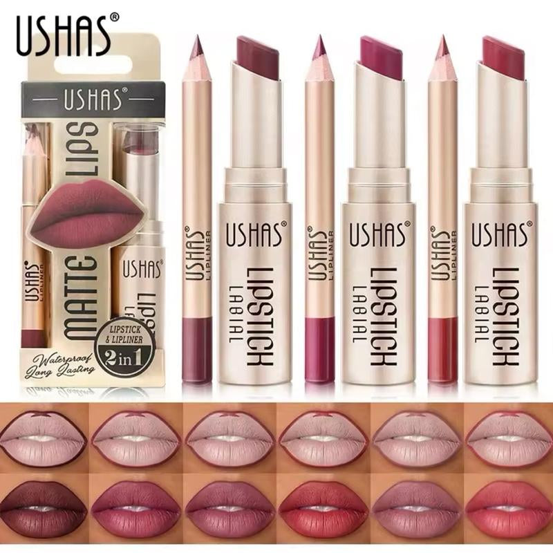 Waterproof 2-In-1 Lipstick Set with Lip Liner - Long Lasting Korean Cosmetics, Matte Lipstick Makeup for Women