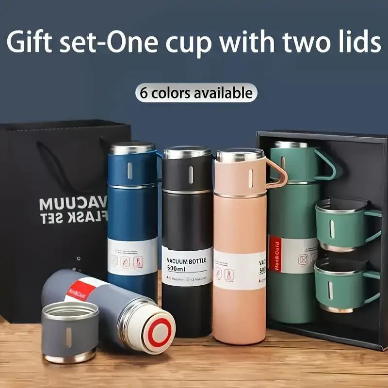 1Set Thermal Mug 500Ml/16.9Oz, Stainless Steel Vacuum Insulated Bottle with Cup for Coffee Hot Drink and Cold Drink, Water Flask Back to School
